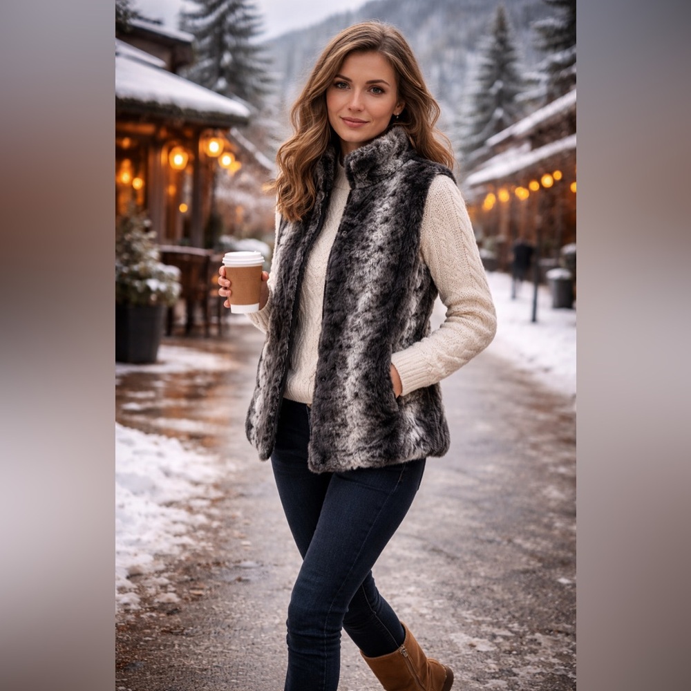 Reversible Faux Fur Vest Womens Gray Black Zip Up Winter Soft Plush Jacket